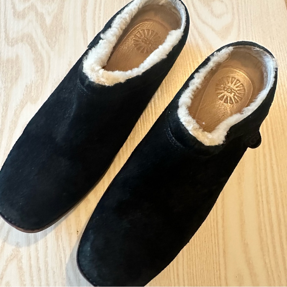 UGG Black Suede Mules with Cream Lining